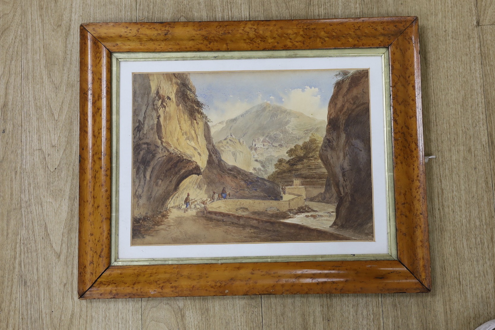 19th century English School, watercolour, Goat herders in an Italian mountain pass, 26 x 36cm, maple framed